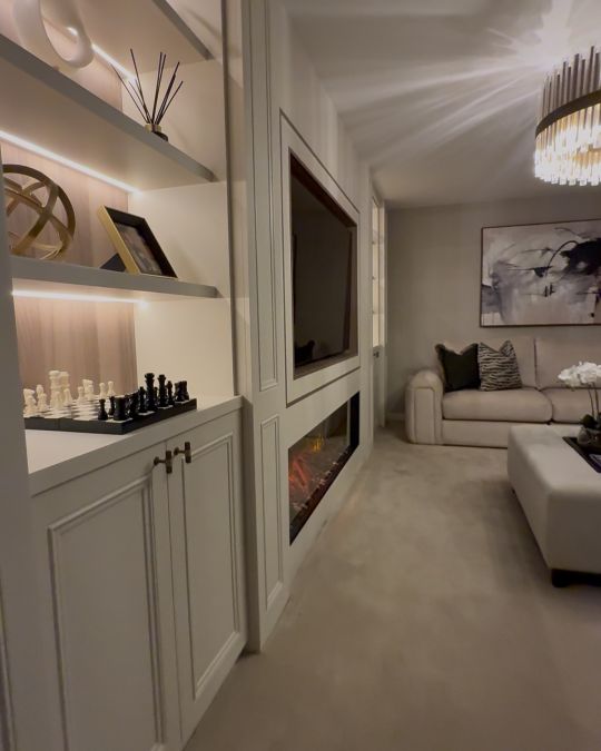 Built in alcove storage shelves, cupboard and media unit